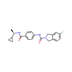 C[C@@H](NC(=O)c1ccc(NC(=O)N2Cc3ccc(F)cc3C2)cc1)C1CC1 ZINC000166621860