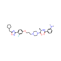 C[C@@H](NC(=O)c1cccc(N(C)C)c1)C(=O)N1CCN(CCCOc2ccc(-c3noc(CC4CCCC4)n3)c(F)c2)CC1 ZINC000027735809