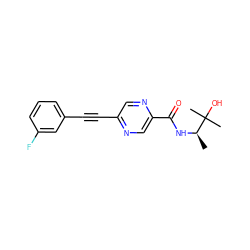 C[C@@H](NC(=O)c1cnc(C#Cc2cccc(F)c2)cn1)C(C)(C)O ZINC000096933546