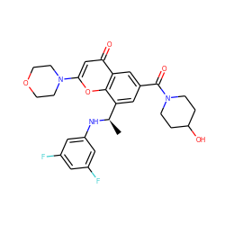 C[C@@H](Nc1cc(F)cc(F)c1)c1cc(C(=O)N2CCC(O)CC2)cc2c(=O)cc(N3CCOCC3)oc12 ZINC000116737213