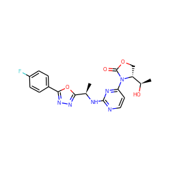 C[C@@H](Nc1nccc(N2C(=O)OC[C@@H]2[C@@H](C)O)n1)c1nnc(-c2ccc(F)cc2)o1 ZINC000221666014