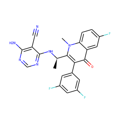 C[C@@H](Nc1ncnc(N)c1C#N)c1c(-c2cc(F)cc(F)c2)c(=O)c2cc(F)ccc2n1C ZINC000114790191