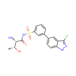 C[C@@H](O)[C@H](N)C(=O)NS(=O)(=O)c1cccc(-c2ccc3[nH]nc(Cl)c3c2)c1 ZINC000095595859