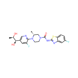 C[C@@H](O)[C@H](O)c1cnc(N2CCN(C(=O)Nc3nc4cc(F)ccc4s3)C[C@H]2C)c(F)c1 ZINC001772586773