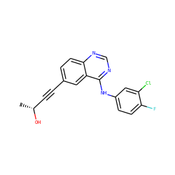 C[C@@H](O)C#Cc1ccc2ncnc(Nc3ccc(F)c(Cl)c3)c2c1 ZINC000028951147