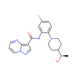 C[C@@H](O)C1CCN(c2ccc(Cl)cc2NC(=O)c2cnn3cccnc23)CC1 ZINC000113652994