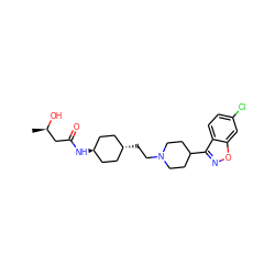 C[C@@H](O)CC(=O)N[C@H]1CC[C@H](CCN2CCC(c3noc4cc(Cl)ccc34)CC2)CC1 ZINC001772593487