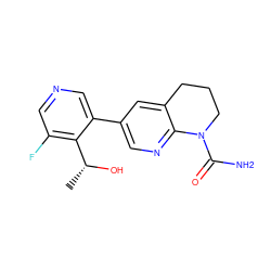 C[C@@H](O)c1c(F)cncc1-c1cnc2c(c1)CCCN2C(N)=O ZINC000221451272