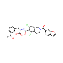 C[C@@H](O)c1cccc(C[C@H](NC(=O)c2c(Cl)cc3c(c2Cl)CCN(C(=O)c2ccc4ccoc4c2)C3)C(=O)O)c1 ZINC000084669814