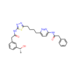 C[C@@H](O)c1cccc(CC(=O)Nc2nnc(CCCCc3ccc(NC(=O)Cc4ccccc4)nn3)s2)c1 ZINC000169698534