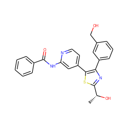 C[C@@H](O)c1nc(-c2cccc(CO)c2)c(-c2ccnc(NC(=O)c3ccccc3)c2)s1 ZINC000169326190