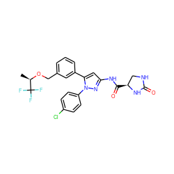 C[C@@H](OCc1cccc(-c2cc(NC(=O)[C@H]3CNC(=O)N3)nn2-c2ccc(Cl)cc2)c1)C(F)(F)F ZINC000169707469