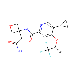 C[C@@H](Oc1cc(C(=O)NC2(CC(N)=O)COC2)ncc1C1CC1)C(F)(F)F ZINC000149220378