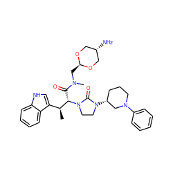 C[C@@H](c1c[nH]c2ccccc12)[C@H](C(=O)N(C)C[C@H]1OC[C@H](N)CO1)N1CCN([C@@H]2CCCN(c3ccccc3)C2)C1=O ZINC000257843679