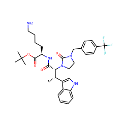 C[C@@H](c1c[nH]c2ccccc12)[C@H](C(=O)N[C@H](CCCCN)C(=O)OC(C)(C)C)N1CCN(Cc2ccc(C(F)(F)F)cc2)C1=O ZINC000027555796