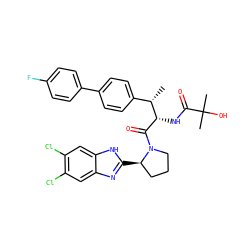 C[C@@H](c1ccc(-c2ccc(F)cc2)cc1)[C@H](NC(=O)C(C)(C)O)C(=O)N1CCC[C@H]1c1nc2cc(Cl)c(Cl)cc2[nH]1 ZINC000064527422