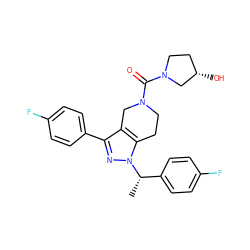 C[C@@H](c1ccc(F)cc1)n1nc(-c2ccc(F)cc2)c2c1CCN(C(=O)N1CC[C@H](O)C1)C2 ZINC000204886101