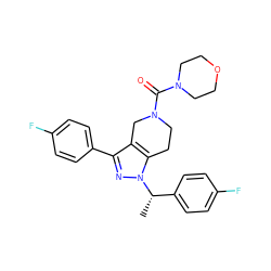 C[C@@H](c1ccc(F)cc1)n1nc(-c2ccc(F)cc2)c2c1CCN(C(=O)N1CCOCC1)C2 ZINC000207762727