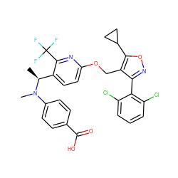 C[C@@H](c1ccc(OCc2c(-c3c(Cl)cccc3Cl)noc2C2CC2)nc1C(F)(F)F)N(C)c1ccc(C(=O)O)cc1 ZINC000058600013