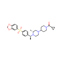 C[C@@H](c1ccc(S(=O)(=O)c2ccc3c(c2)OCO3)cc1)N1CCN(C2CCN(C(=O)C3CC3)CC2)C[C@H]1C ZINC000027884925