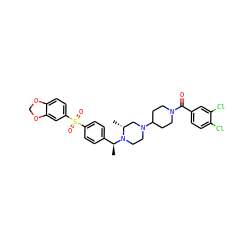 C[C@@H](c1ccc(S(=O)(=O)c2ccc3c(c2)OCO3)cc1)N1CCN(C2CCN(C(=O)c3ccc(Cl)c(Cl)c3)CC2)C[C@H]1C ZINC000027871126