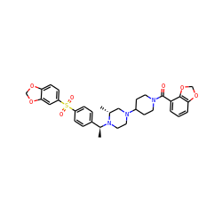 C[C@@H](c1ccc(S(=O)(=O)c2ccc3c(c2)OCO3)cc1)N1CCN(C2CCN(C(=O)c3cccc4c3OCO4)CC2)C[C@H]1C ZINC000027875977