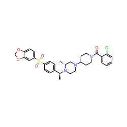 C[C@@H](c1ccc(S(=O)(=O)c2ccc3c(c2)OCO3)cc1)N1CCN(C2CCN(C(=O)c3ccccc3Cl)CC2)C[C@H]1C ZINC000027892867