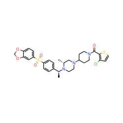 C[C@@H](c1ccc(S(=O)(=O)c2ccc3c(c2)OCO3)cc1)N1CCN(C2CCN(C(=O)c3sccc3Cl)CC2)C[C@H]1C ZINC000027879183