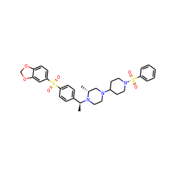 C[C@@H](c1ccc(S(=O)(=O)c2ccc3c(c2)OCO3)cc1)N1CCN(C2CCN(S(=O)(=O)c3ccccc3)CC2)C[C@H]1C ZINC000027876703