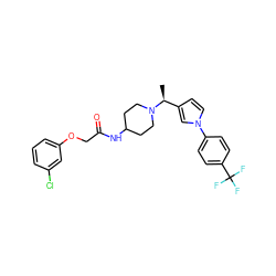 C[C@@H](c1ccn(-c2ccc(C(F)(F)F)cc2)c1)N1CCC(NC(=O)COc2cccc(Cl)c2)CC1 ZINC000040899809