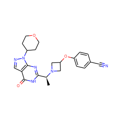 C[C@@H](c1nc2c(cnn2C2CCOCC2)c(=O)[nH]1)N1CC(Oc2ccc(C#N)cc2)C1 ZINC000095573858