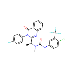 C[C@@H](c1nc2ccccc2c(=O)n1-c1ccc(F)cc1)N(C)C(=O)Nc1ccc(Cl)c(C(F)(F)F)c1 ZINC000034638366