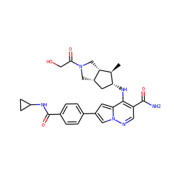 C[C@@H]1[C@H]2CN(C(=O)CO)C[C@H]2C[C@H]1Nc1c(C(N)=O)cnn2cc(-c3ccc(C(=O)NC4CC4)cc3)cc12 ZINC000261157523