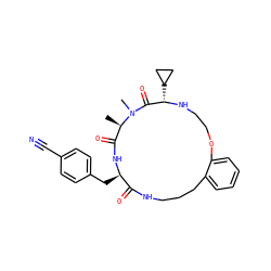 C[C@@H]1C(=O)N[C@H](Cc2ccc(C#N)cc2)C(=O)NCCCc2ccccc2OCCN[C@@H](C2CC2)C(=O)N1C ZINC000145624067