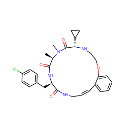 C[C@@H]1C(=O)N[C@H](Cc2ccc(Cl)cc2)C(=O)NC/C=C\c2ccccc2OCCN[C@@H](C2CC2)C(=O)N1C ZINC001772584008