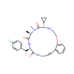 C[C@@H]1C(=O)N[C@H](Cc2ccc(F)cc2)C(=O)NC/C=C/c2ccccc2OCCN[C@@H](C2CC2)C(=O)N1C ZINC001772643879