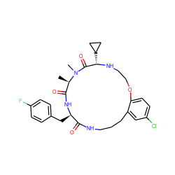 C[C@@H]1C(=O)N[C@H](Cc2ccc(F)cc2)C(=O)NCCCc2cc(Cl)ccc2OCCN[C@@H](C2CC2)C(=O)N1C ZINC001772616938