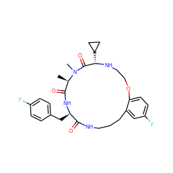 C[C@@H]1C(=O)N[C@H](Cc2ccc(F)cc2)C(=O)NCCCc2cc(F)ccc2OCCN[C@@H](C2CC2)C(=O)N1C ZINC000073170178