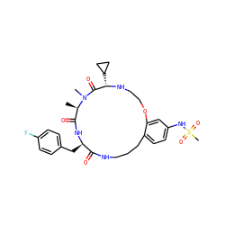 C[C@@H]1C(=O)N[C@H](Cc2ccc(F)cc2)C(=O)NCCCc2ccc(NS(C)(=O)=O)cc2OCCN[C@@H](C2CC2)C(=O)N1C ZINC001772578198