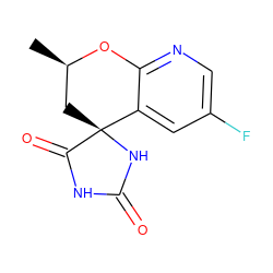 C[C@@H]1C[C@]2(NC(=O)NC2=O)c2cc(F)cnc2O1 ZINC000029489009