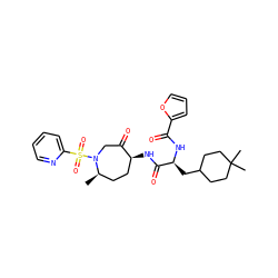 C[C@@H]1CC[C@H](NC(=O)[C@H](CC2CCC(C)(C)CC2)NC(=O)c2ccco2)C(=O)CN1S(=O)(=O)c1ccccn1 ZINC000072176524