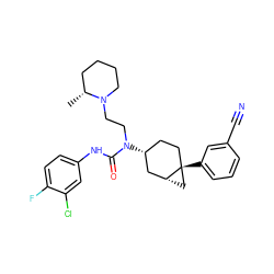 C[C@@H]1CCCCN1CCN(C(=O)Nc1ccc(F)c(Cl)c1)[C@@H]1CC[C@]2(c3cccc(C#N)c3)C[C@@H]2C1 ZINC000028649869