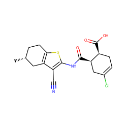 C[C@@H]1CCc2sc(NC(=O)[C@@H]3CC(Cl)=CC[C@@H]3C(=O)O)c(C#N)c2C1 ZINC000004181104