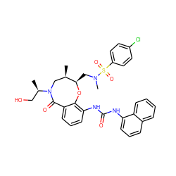 C[C@@H]1CN([C@H](C)CO)C(=O)c2cccc(NC(=O)Nc3cccc4ccccc34)c2O[C@@H]1CN(C)S(=O)(=O)c1ccc(Cl)cc1 ZINC000095599948