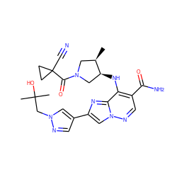 C[C@@H]1CN(C(=O)C2(C#N)CC2)C[C@@H]1Nc1c(C(N)=O)cnn2cc(-c3cnn(CC(C)(C)O)c3)nc12 ZINC001772573509