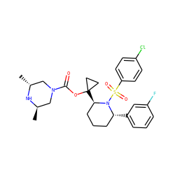 C[C@@H]1CN(C(=O)OC2([C@@H]3CCC[C@@H](c4cccc(F)c4)N3S(=O)(=O)c3ccc(Cl)cc3)CC2)C[C@@H](C)N1 ZINC000028879553