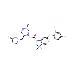 C[C@@H]1CN(CC(=O)N2CC(C)(C)c3cnc(Cc4ccc(F)cc4F)cc32)[C@@H](CN2CC[C@@H](F)C2)CN1 ZINC000219005805