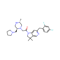 C[C@@H]1CN(CC(=O)N2CC(C)(C)c3cnc(Cc4ccc(F)cc4F)cc32)[C@@H](CN2CCCC2)CN1 ZINC000219029570