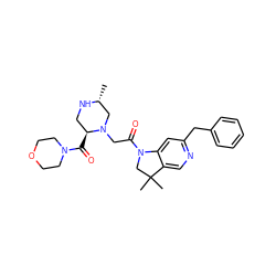 C[C@@H]1CN(CC(=O)N2CC(C)(C)c3cnc(Cc4ccccc4)cc32)[C@@H](C(=O)N2CCOCC2)CN1 ZINC000143855350