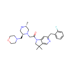 C[C@@H]1CN(CC(=O)N2CC(C)(C)c3cnc(Cc4ccccc4F)cc32)[C@@H](CN2CCOCC2)CN1 ZINC000218999445